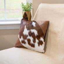 Load image into Gallery viewer, Posh Pillow- Brown and White Cowhide &amp; Leather
